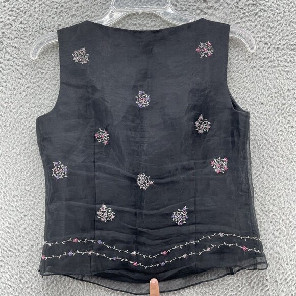 Vintage 90s Y2K BCBG Top S Black Embroidered Flowers Goth Grunge Sheer Square - Picture 2 of 10